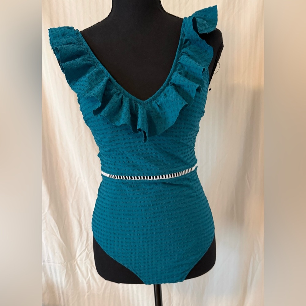 Cupshe Teal Ruffle V-Neck One-Piece swimsuit NEW with tag